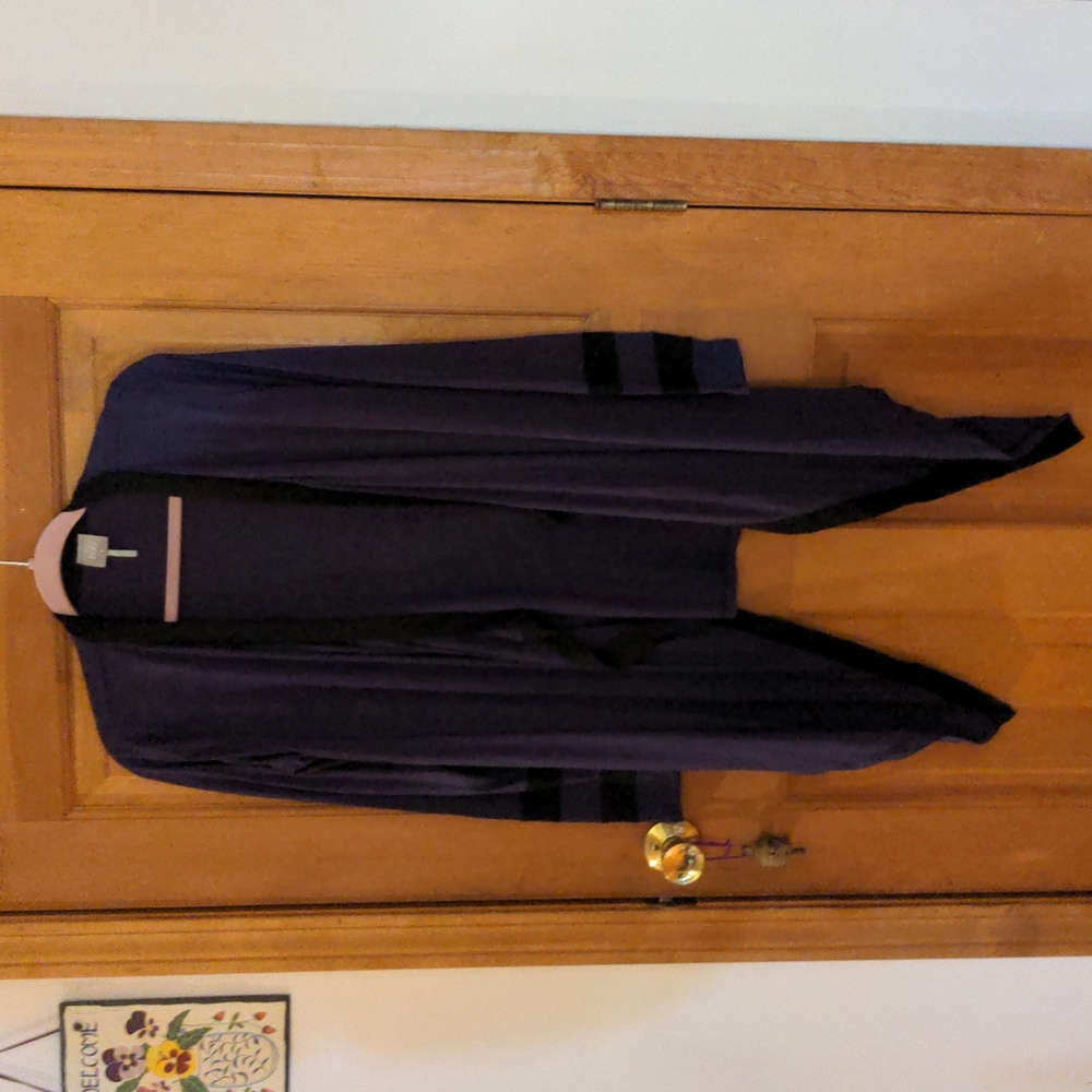 bobi Blue Black Open Cardigan Pockets Sheer Mesh Sleeve Accents Size S